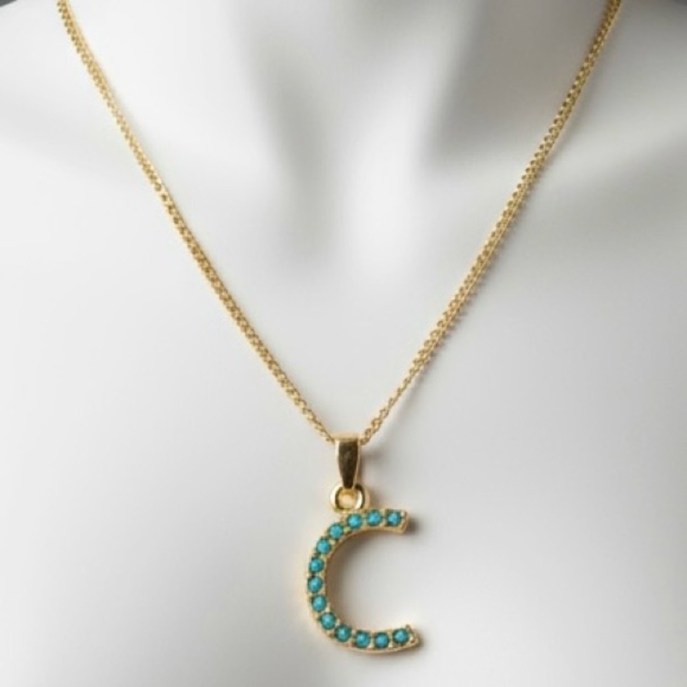 Avon Gold Tone Turquoise “C” Initial Pendant Necklace – New in Package‎